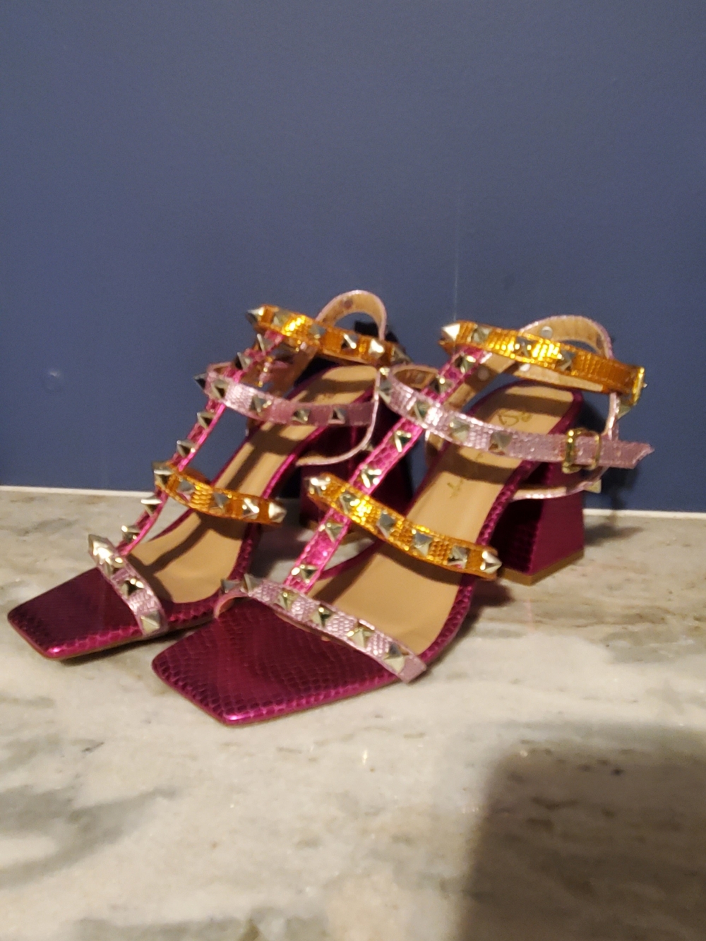 Donna Gringa Metallic Fuchsia Multi-Stud Block Heel Sandals